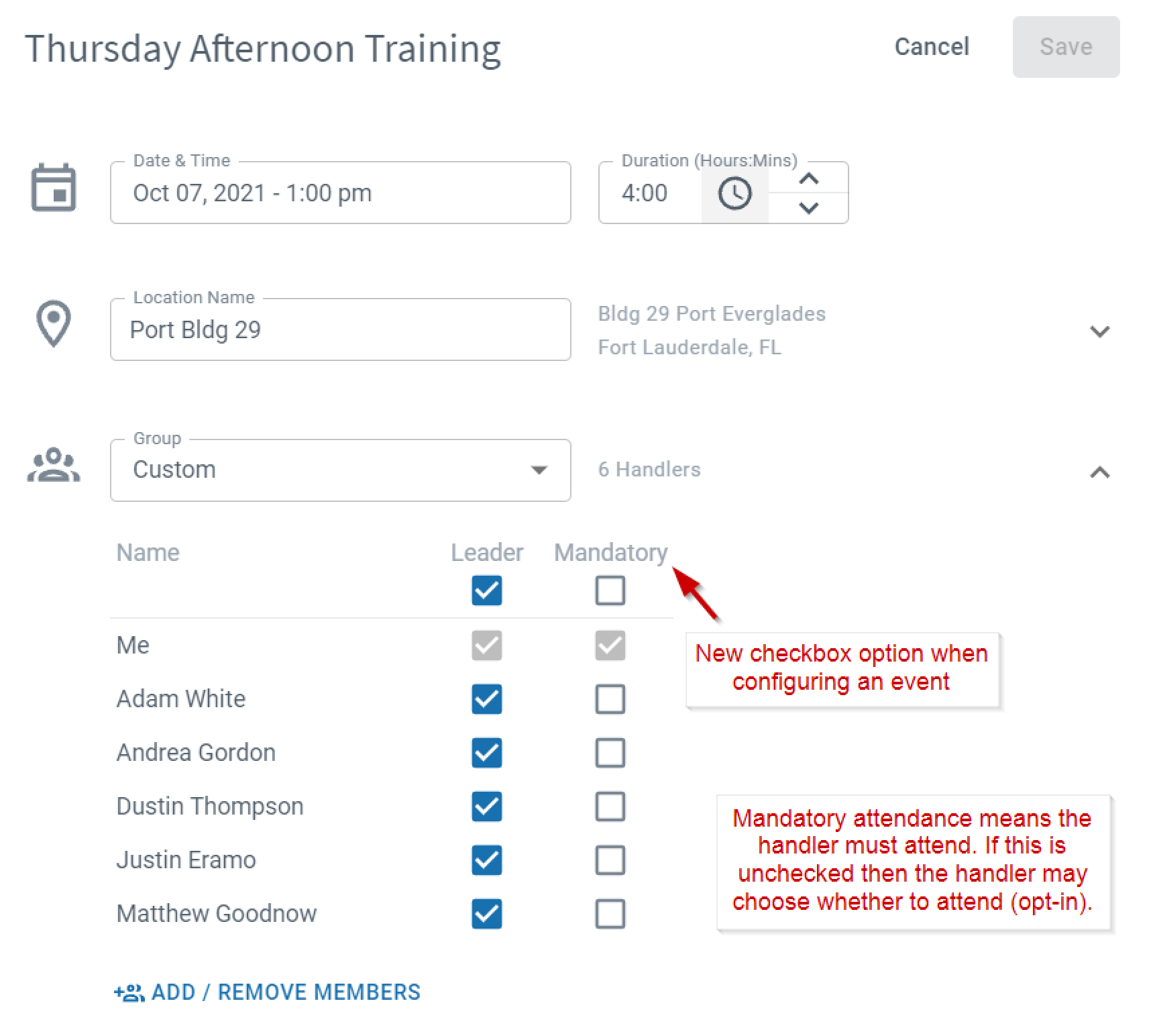 Event membership edit with Mandatory checkboxes