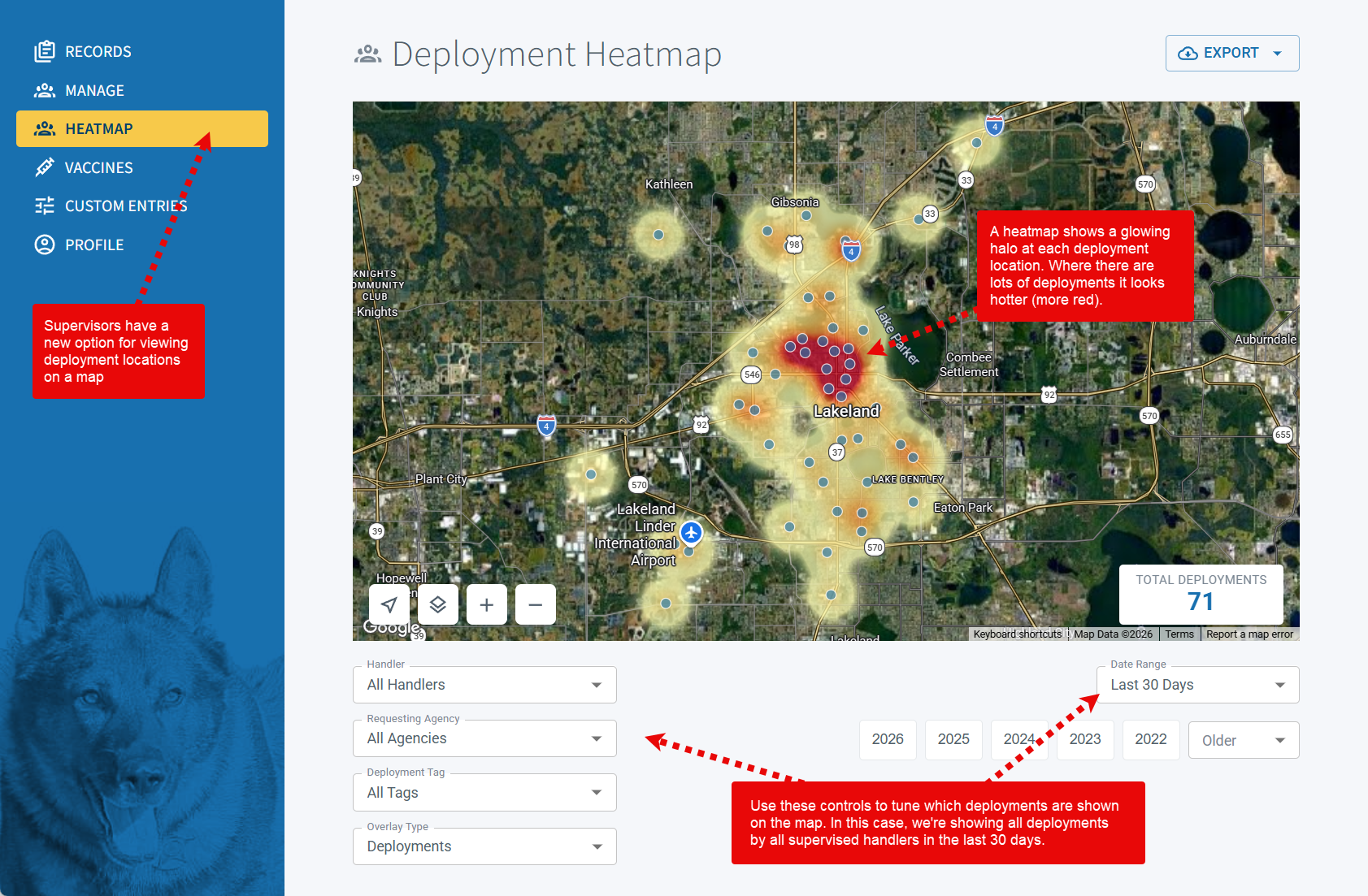 Deployment heatmap overview for K9 supervisors