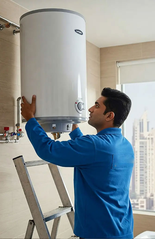 Technician servicing a residential water heater.