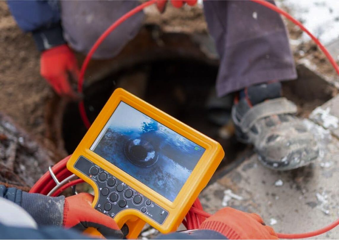Technician operating a sewer inspection camera with monitor display.
