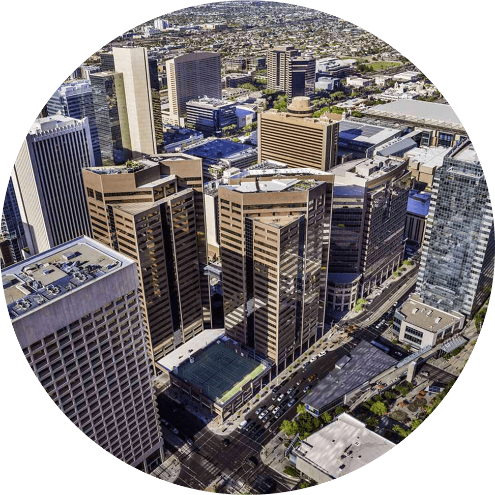 Aerial view of downtown Phoenix skyscrapers and streets.