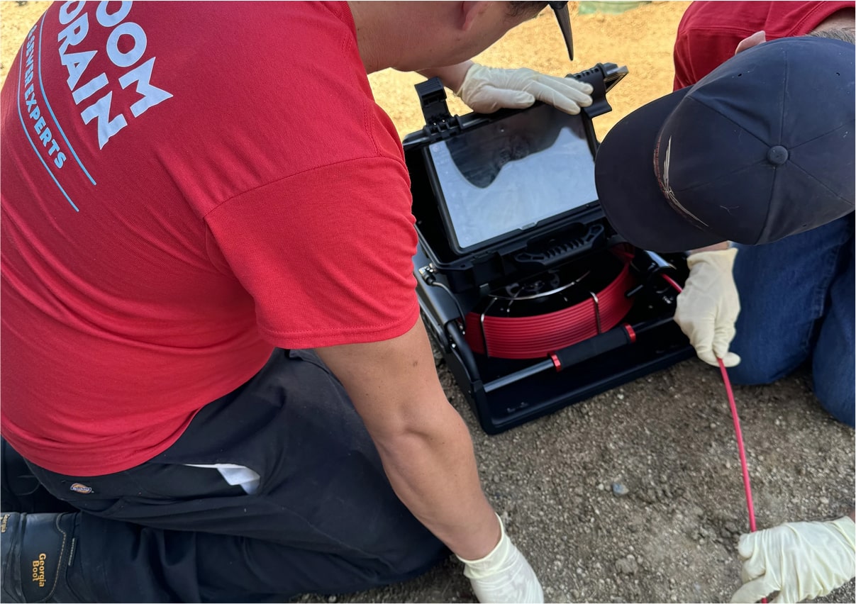 Two technicians handling equipment for sewer or drain maintenance.