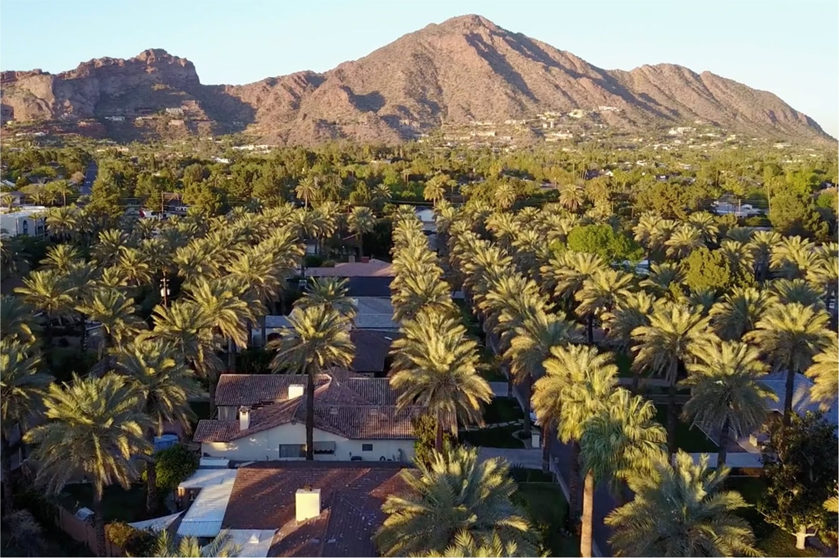 Elevated view of a desert neighborhood surrounded by mountains and palm trees.