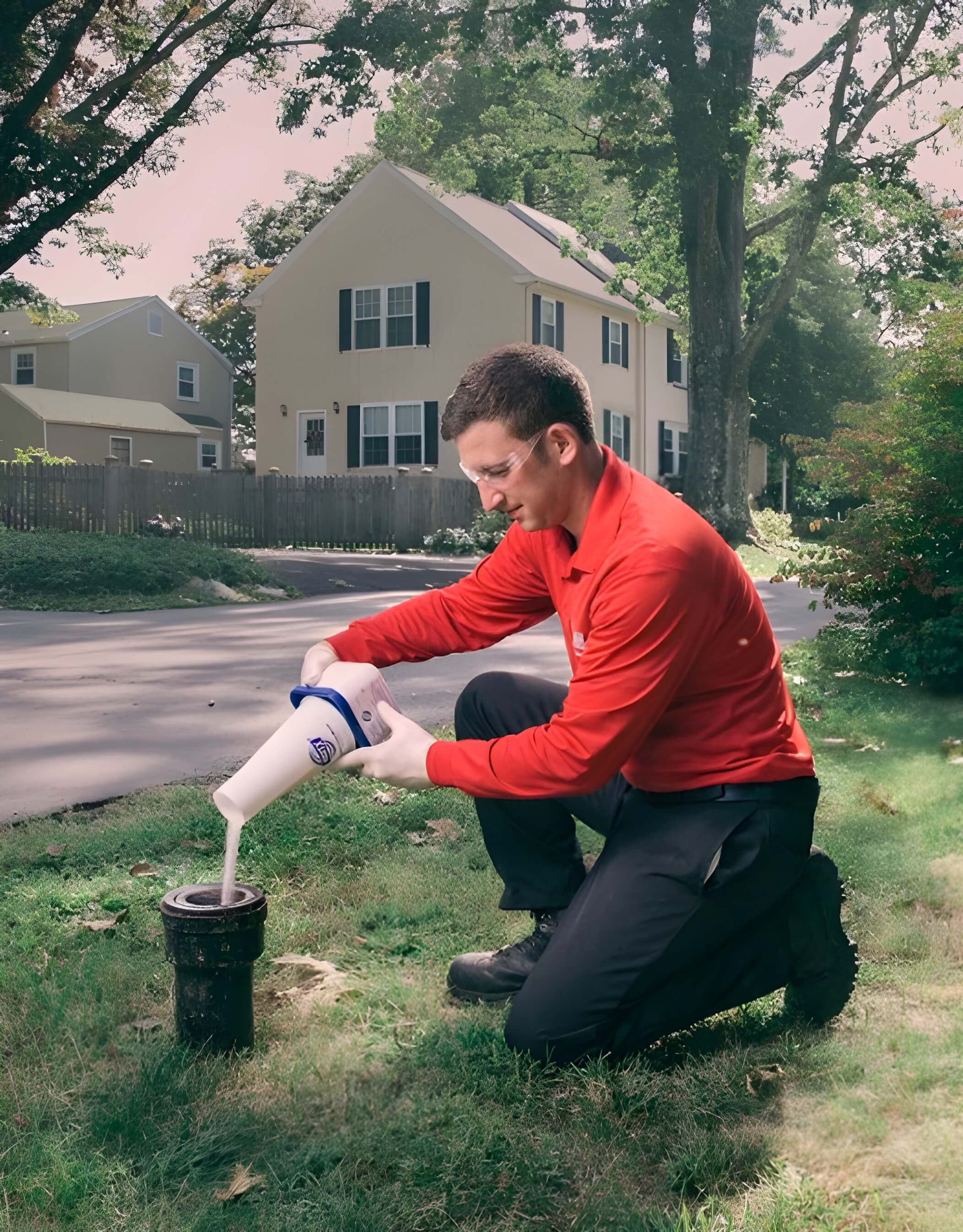 Technician cleaning a residential drain near a yard.