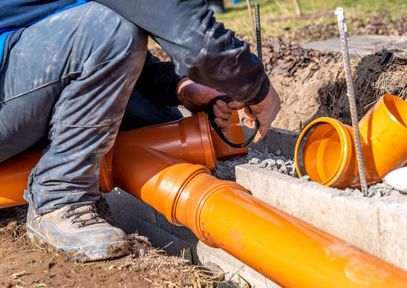 Worker installing a large orange drainage pipe outdoors.