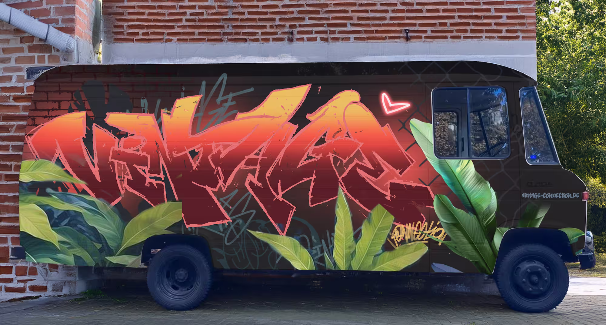 Schwarz lackierter Foodtruck mit rotem Graffiti und grünen Pflanzengrafiken, geparkt vor einer Ziegelsteinmauer.