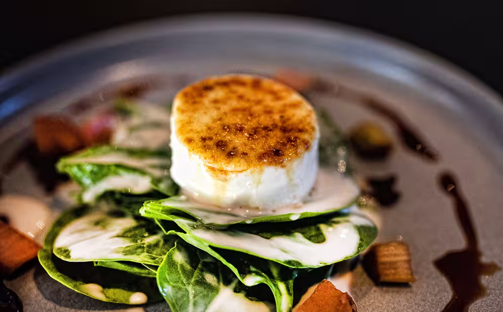 Gegrillter Ziegenkäse auf frischem Spinat mit cremigem Dressing und kleinen Gemüsestücken auf grauem Teller.