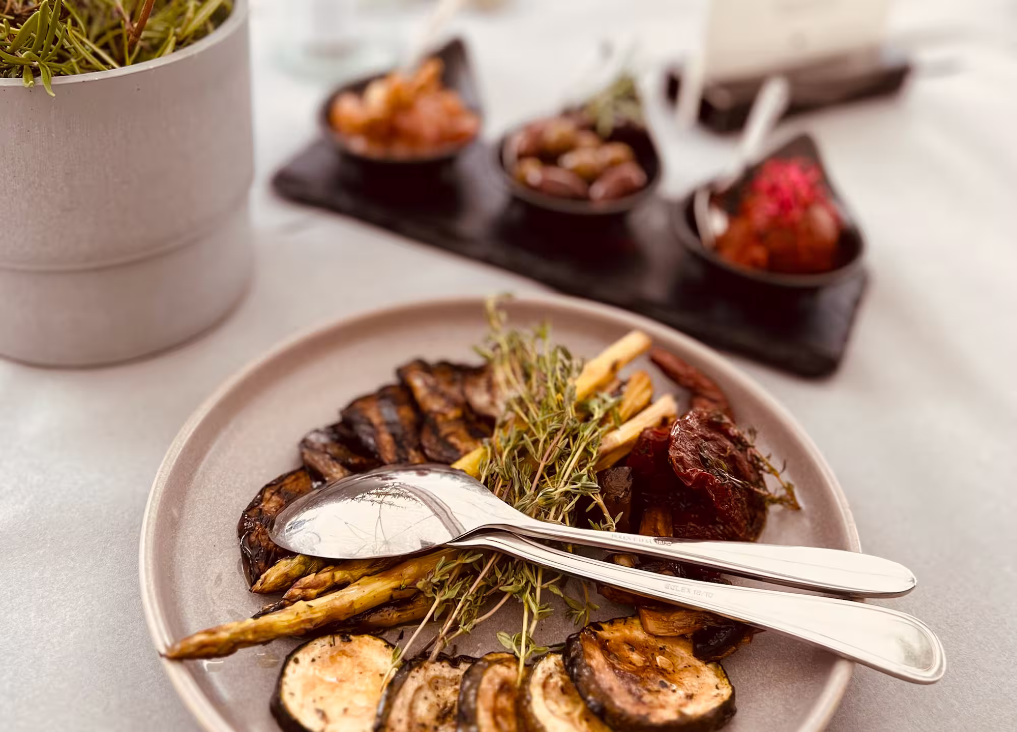 Teller mit gegrilltem Gemüse wie Zucchini, Spargel und Tomaten, garniert mit frischen Kräutern und zwei Löffeln darauf.
