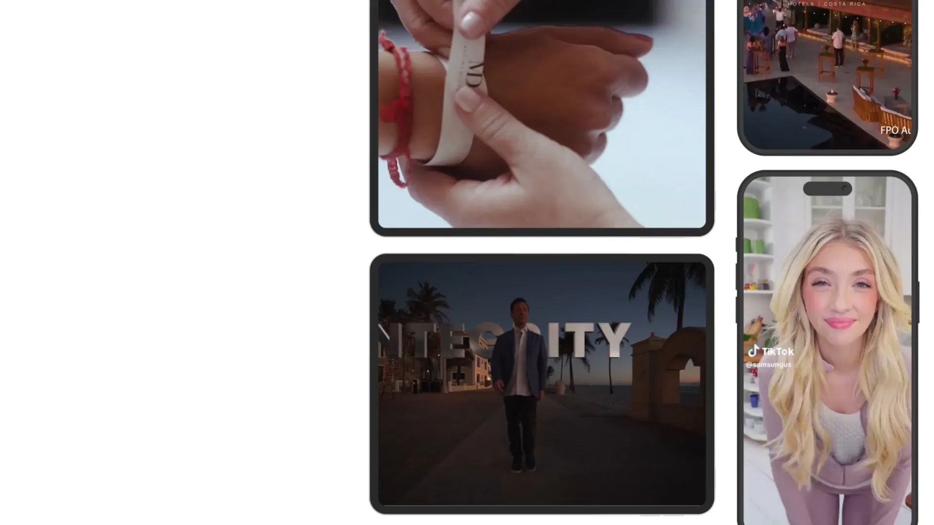 Collage of four smartphone screens showing a person putting on a wristband, a man walking at sunset with large city letters behind, a lively nighttime hotel scene, and a blonde woman smiling in a TikTok video.