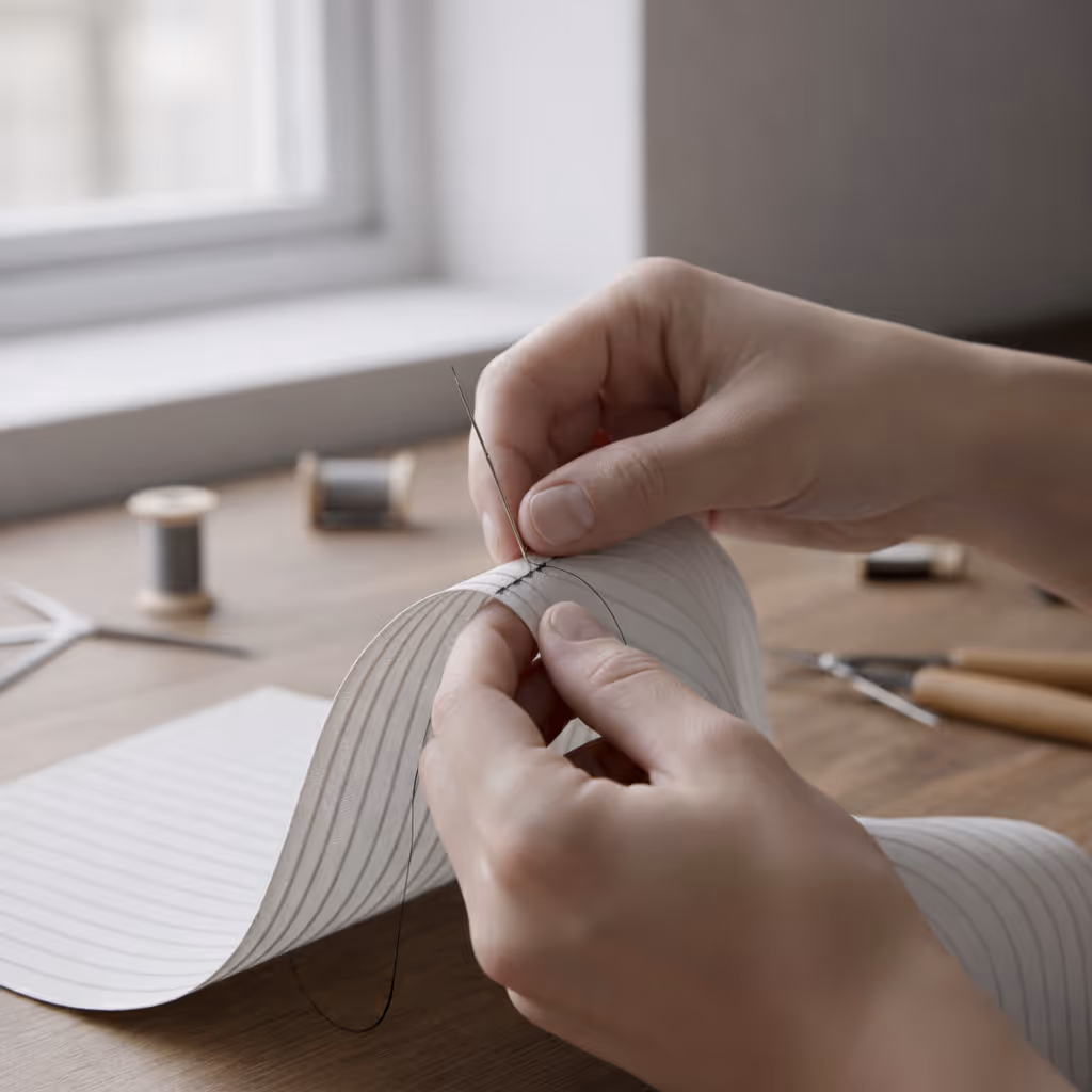 Hands sewing black thread onto white striped fabric on a wooden table with sewing supplies in the background.