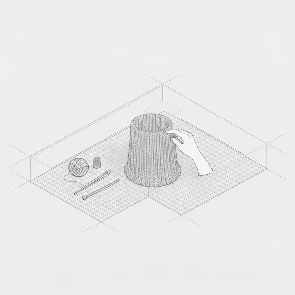 Sketch of a hand knitting a textured cylindrical fabric piece with yarn, needles, and a thimble on a grid surface.