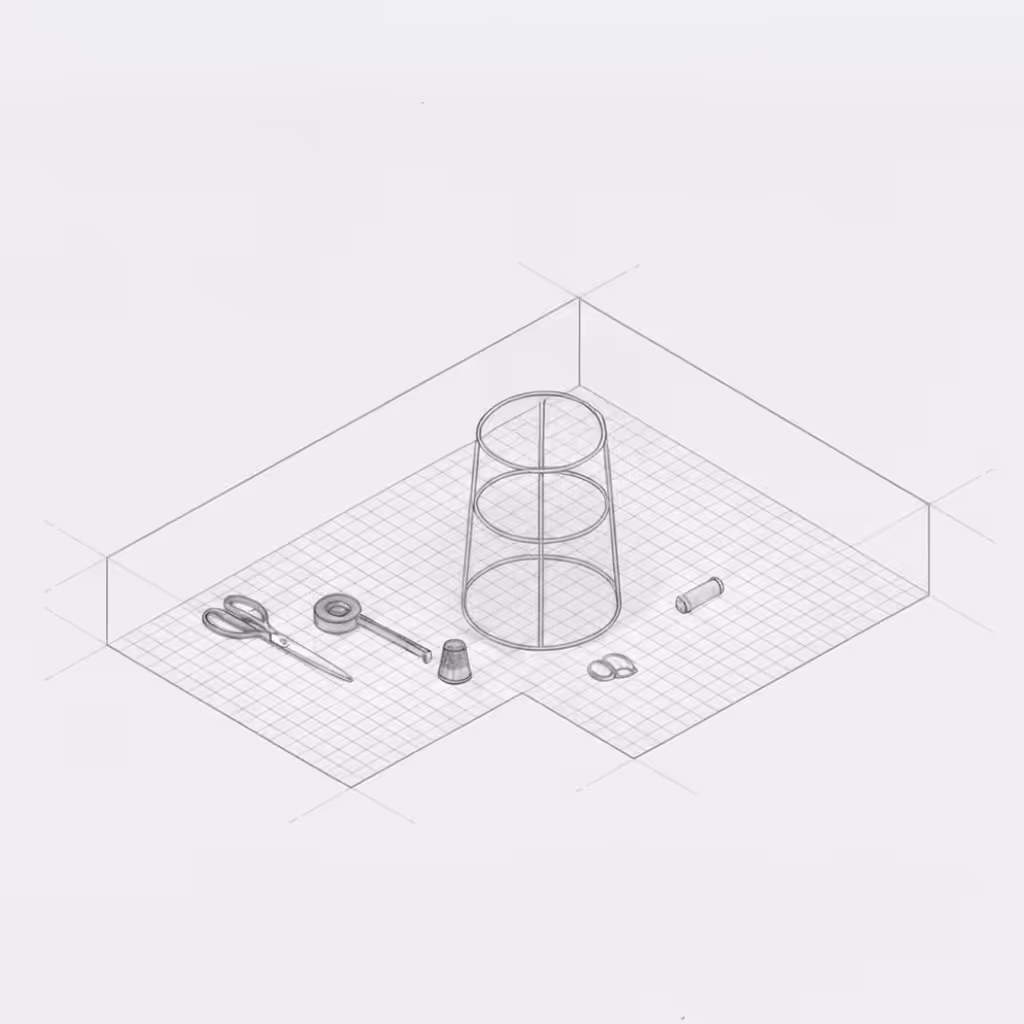 Sketch of a sewing workspace with scissors, measuring tape, thimble, spool of thread, two rings, and a wireframe lampshade on a checkered mat.