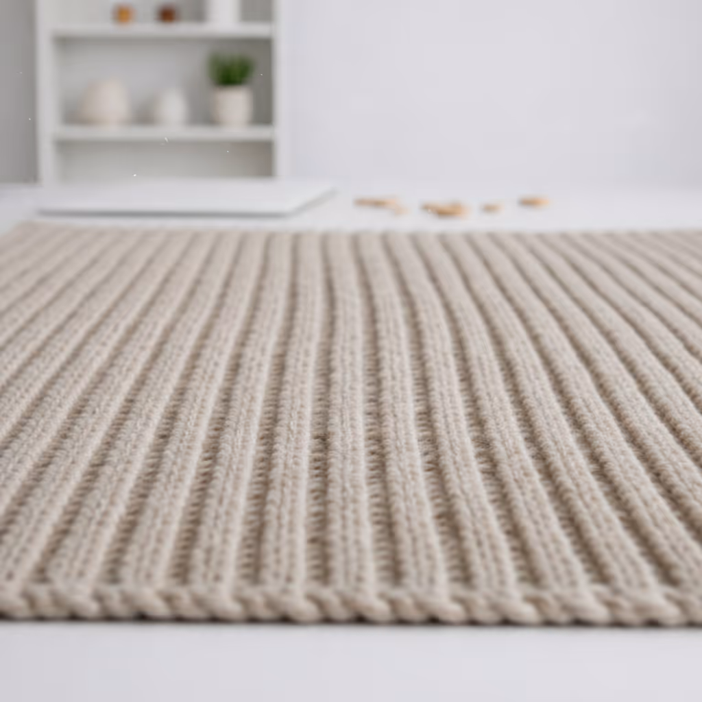 Close-up of beige knitted textile with ribbed pattern on a white surface with blurred shelf in background.