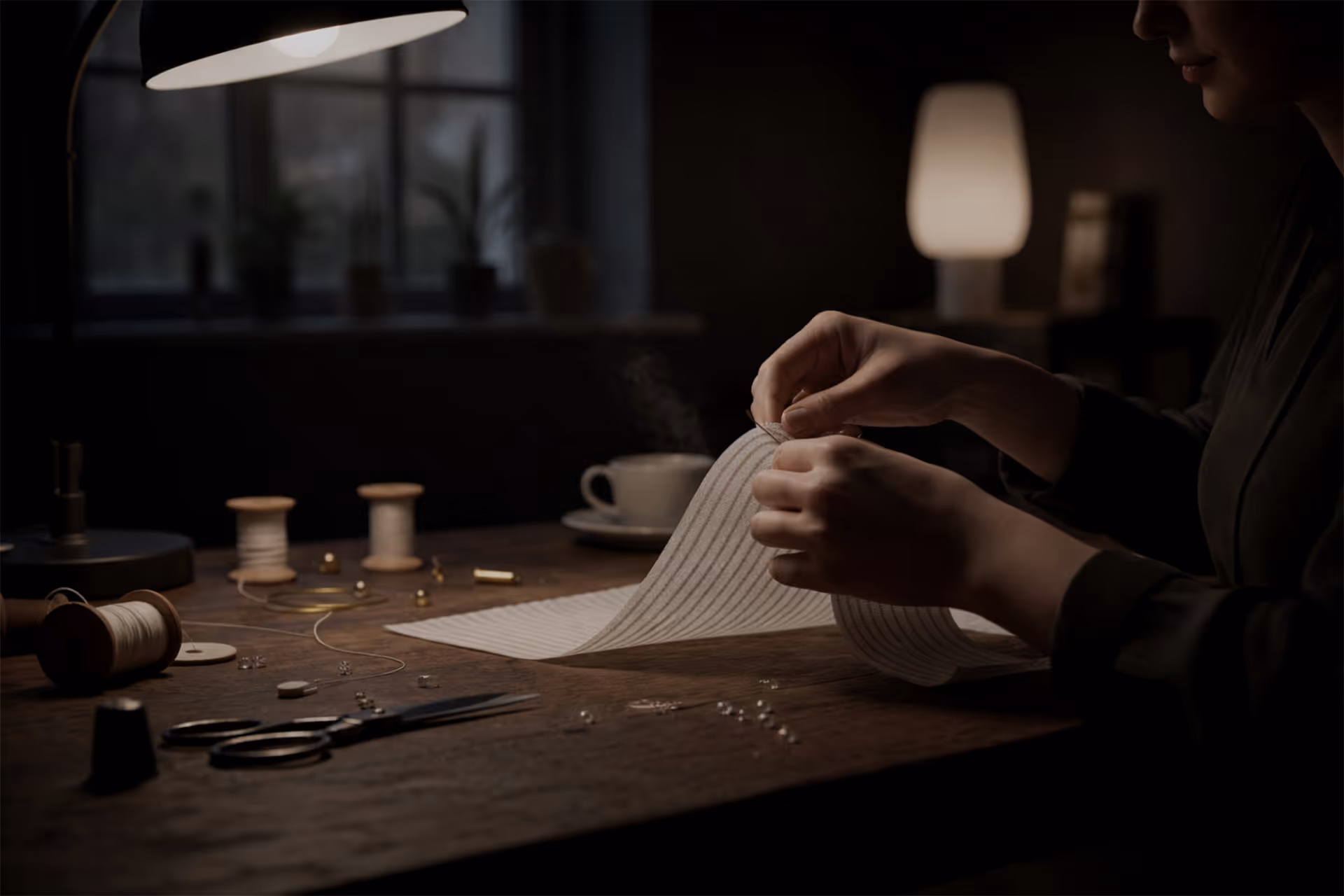Person crafting jewelry by threading beads onto a striped fabric strip under warm lamp light on a wooden table with tools and spools.
