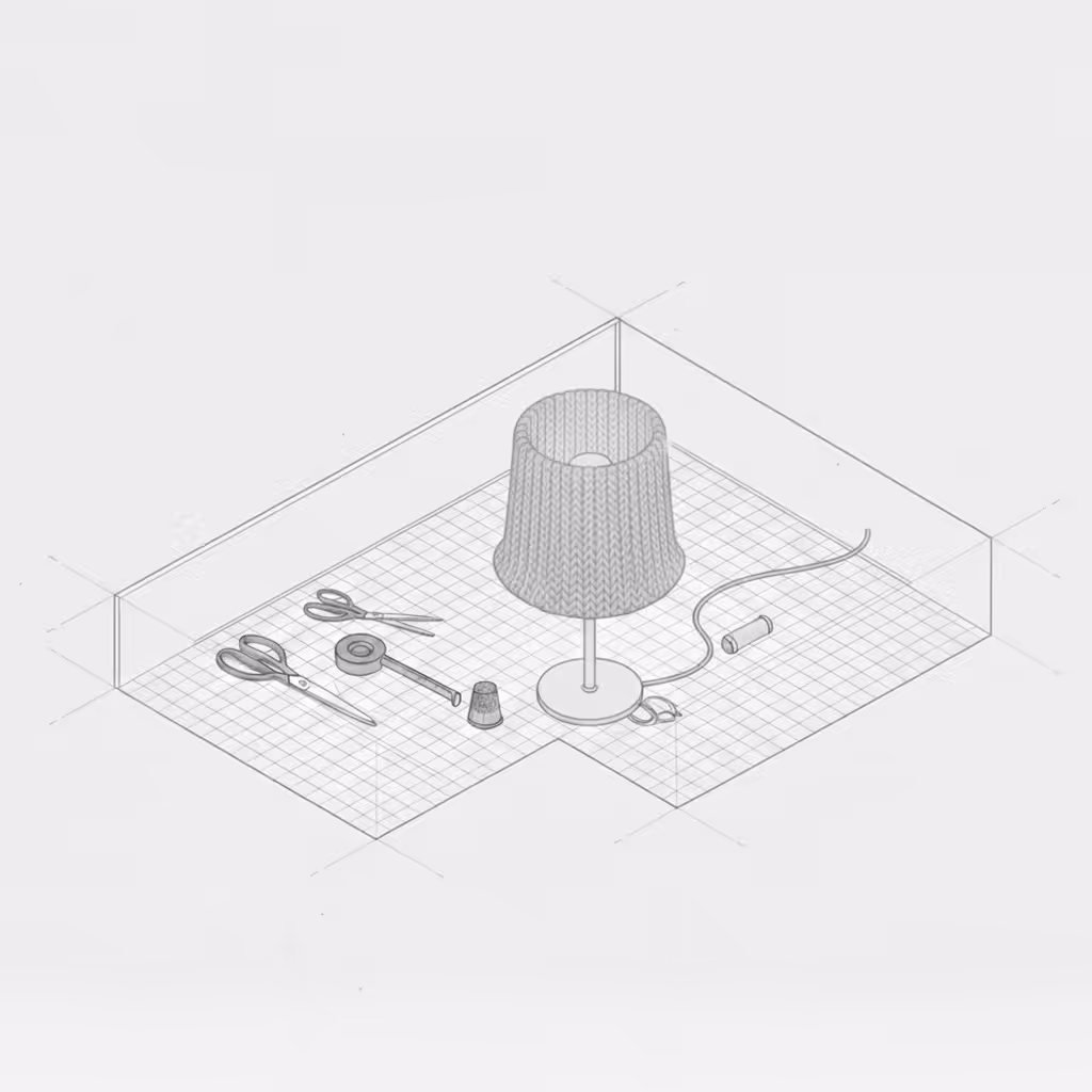 Sketch of a knitting-themed lamp with a knitted lampshade, surrounded by sewing tools including scissors, measuring tape, thimble, and thread spool on a grid surface.