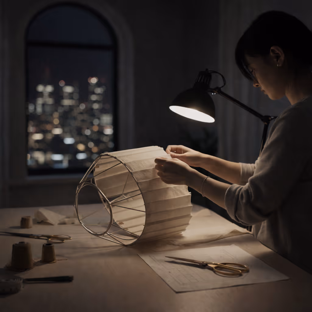 Person working on assembling a fabric lampshade under a desk lamp at night with city lights visible through a window.