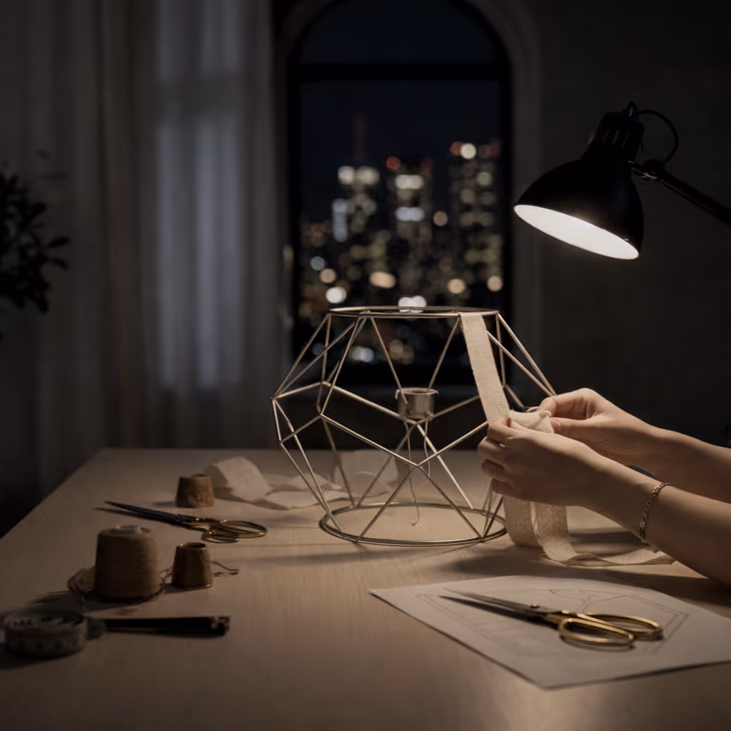 Hands wrapping fabric around a geometric metal lampshade frame on a table illuminated by a desk lamp, with sewing tools and patterns nearby.