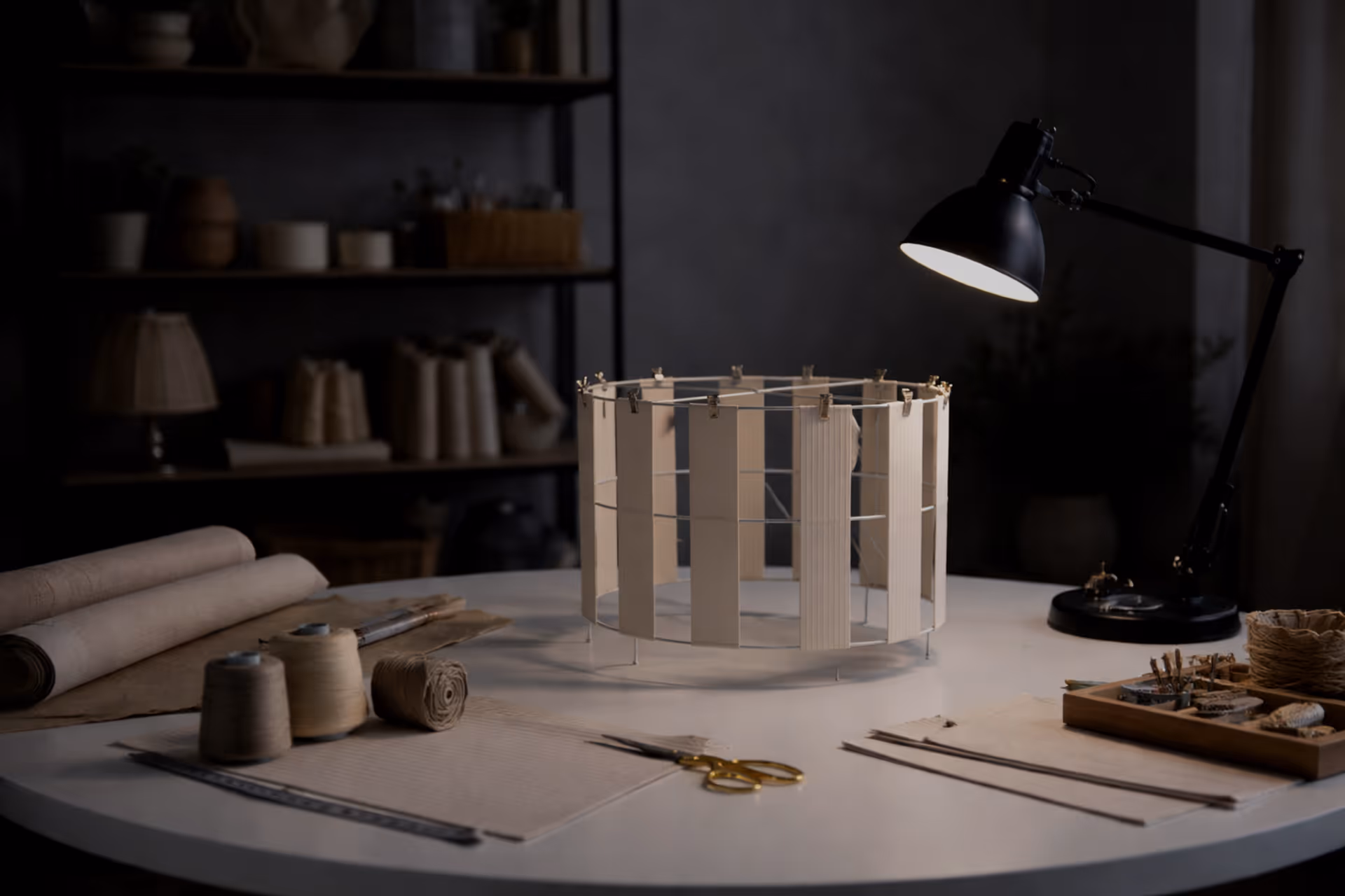 Crafting workspace with a round white table holding fabric pieces, scissors, thread spools, and a black desk lamp illuminating a circular wire frame with clipped fabric strips.