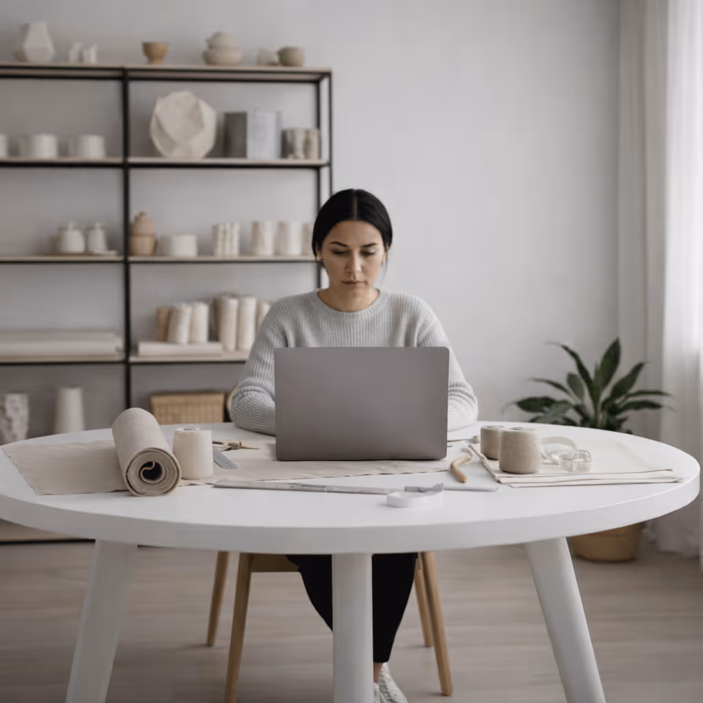 Woman in a gray sweater working on a laptop at a white table with sewing materials.
