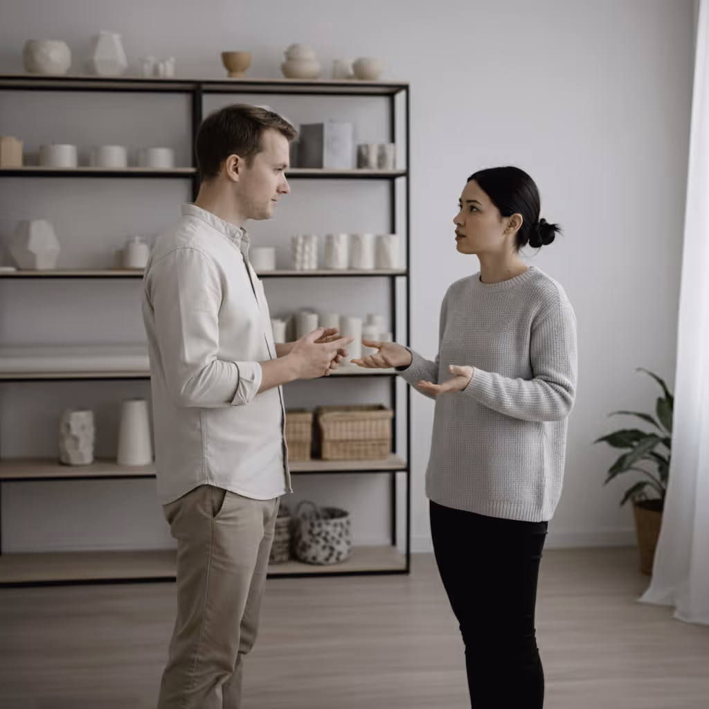 A man and woman standing and talking in a room with shelves holding white ceramic vases and baskets.