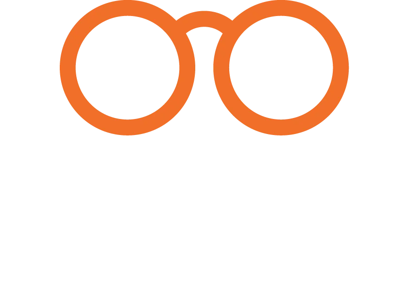 Russell Opticians logo with orange stylized eyeglasses above white text.