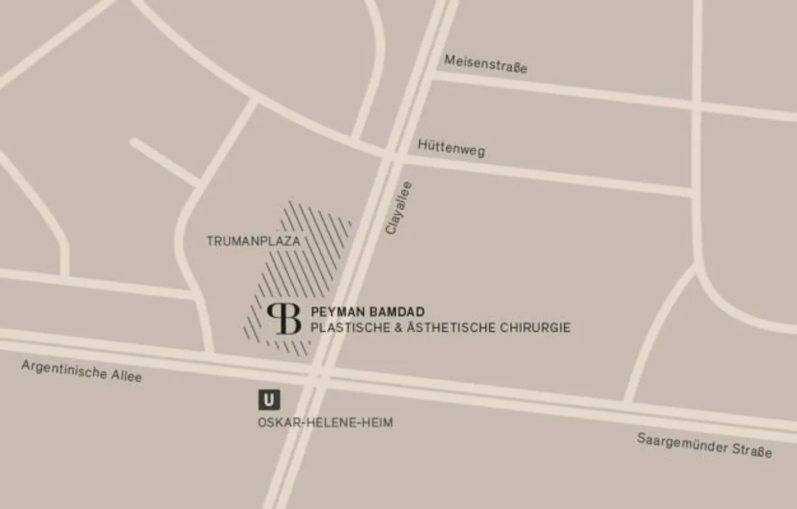 Karte mit Straßen und U-Bahn-Station Oskar-Helene-Heim, zeigt den Standort von Peyman Bamdad Plastische & Ästhetische Chirurgie nahe Trumanplaza an der Clayallee.