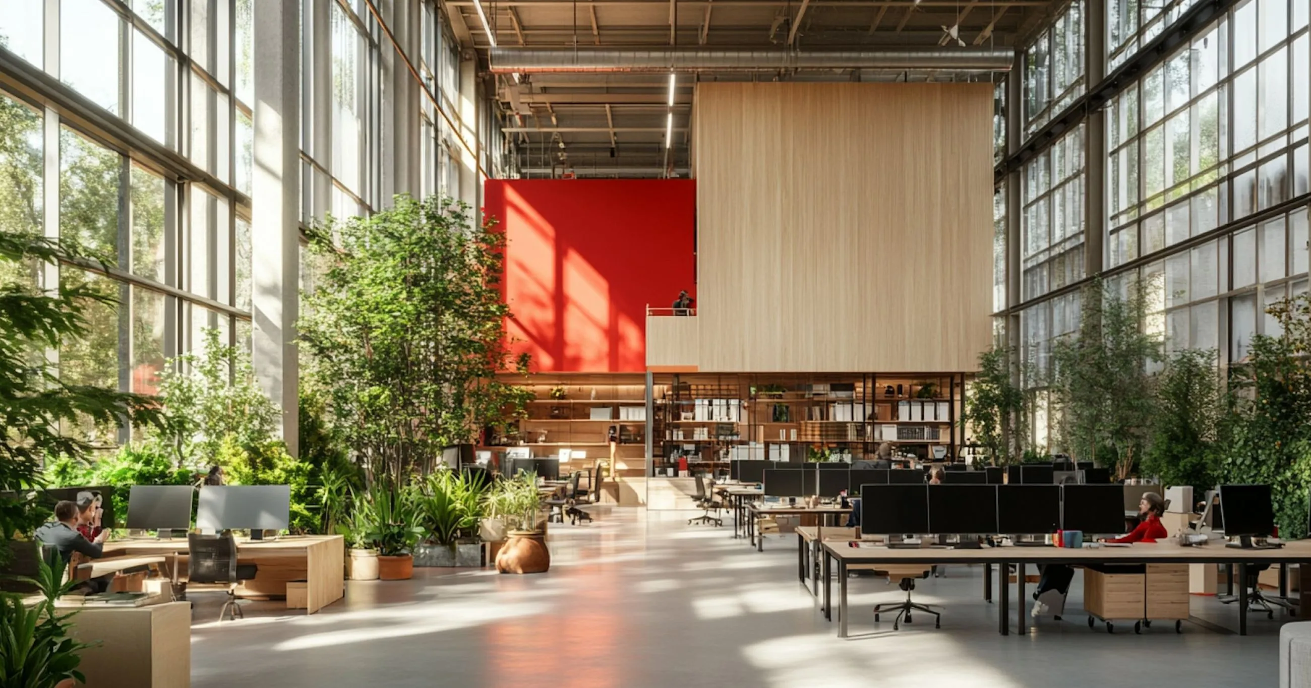 A modern, open-concept workspace filled with natural light and greenery, reflecting the clean and organized design of Nimbus Library.