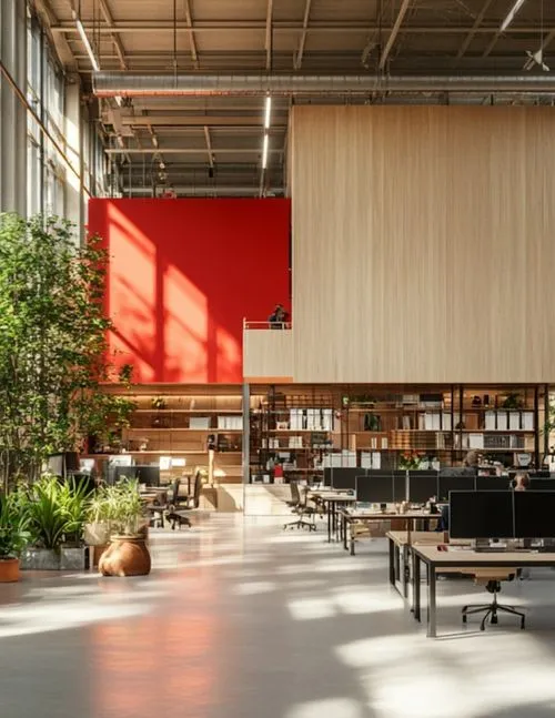 A modern, open-concept workspace filled with natural light and greenery, reflecting the clean and organized design of Nimbus Library.