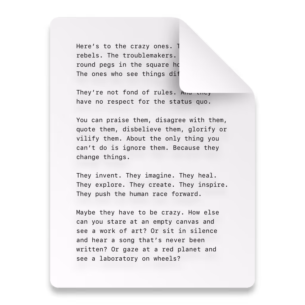 Typed text on a white page with a folded top-right corner, featuring an inspirational passage about 'the crazy ones' who challenge norms, create, inspire, and push humanity forward.