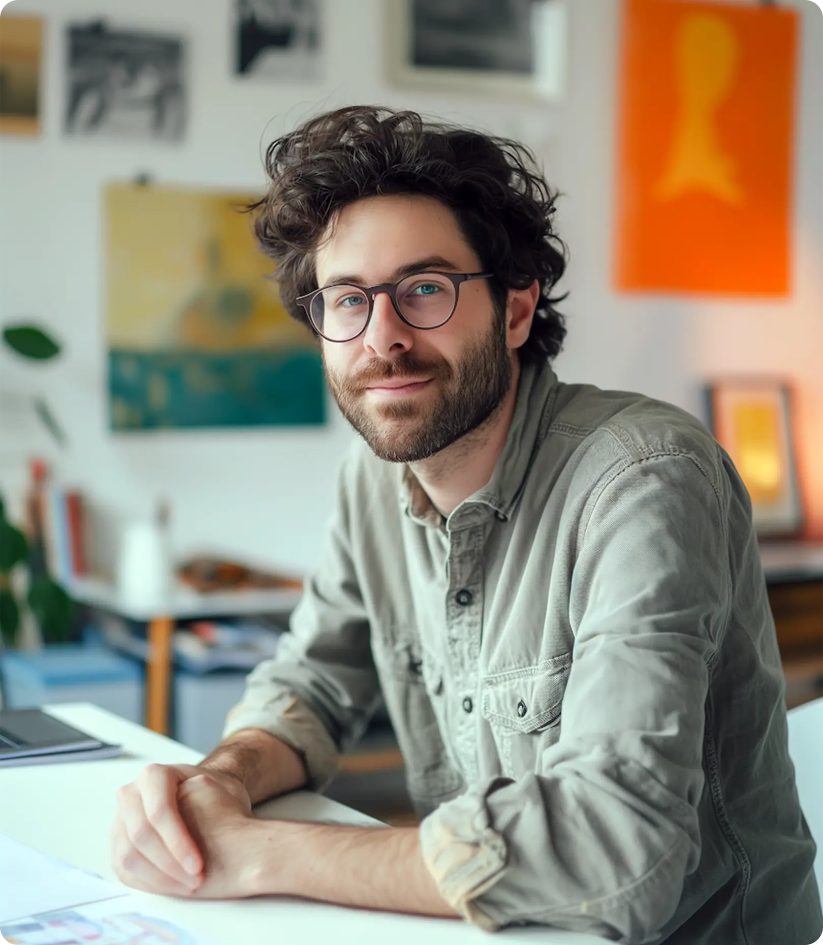 Smiling man with glasses and curly hair seated at desk in a brightly lit room with art on the walls.