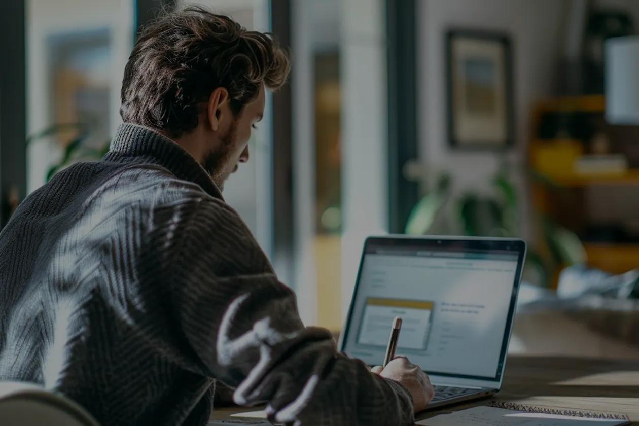 Man in gray sweater writing notes while looking at laptop screen in a well-lit room.