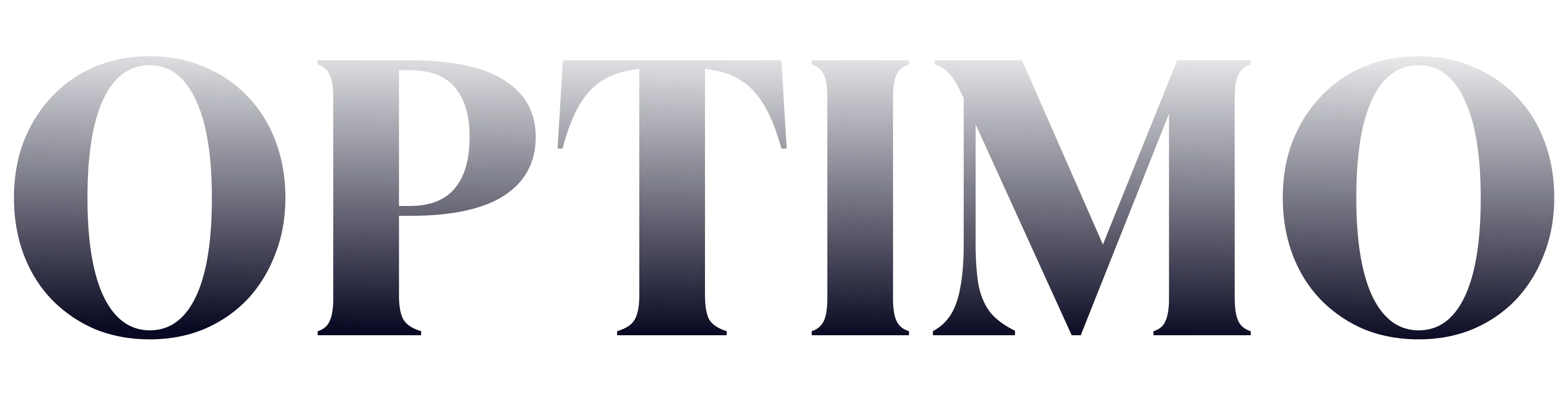 The word OPTIMO in large serif font with a black to white gradient fill on a black background.
