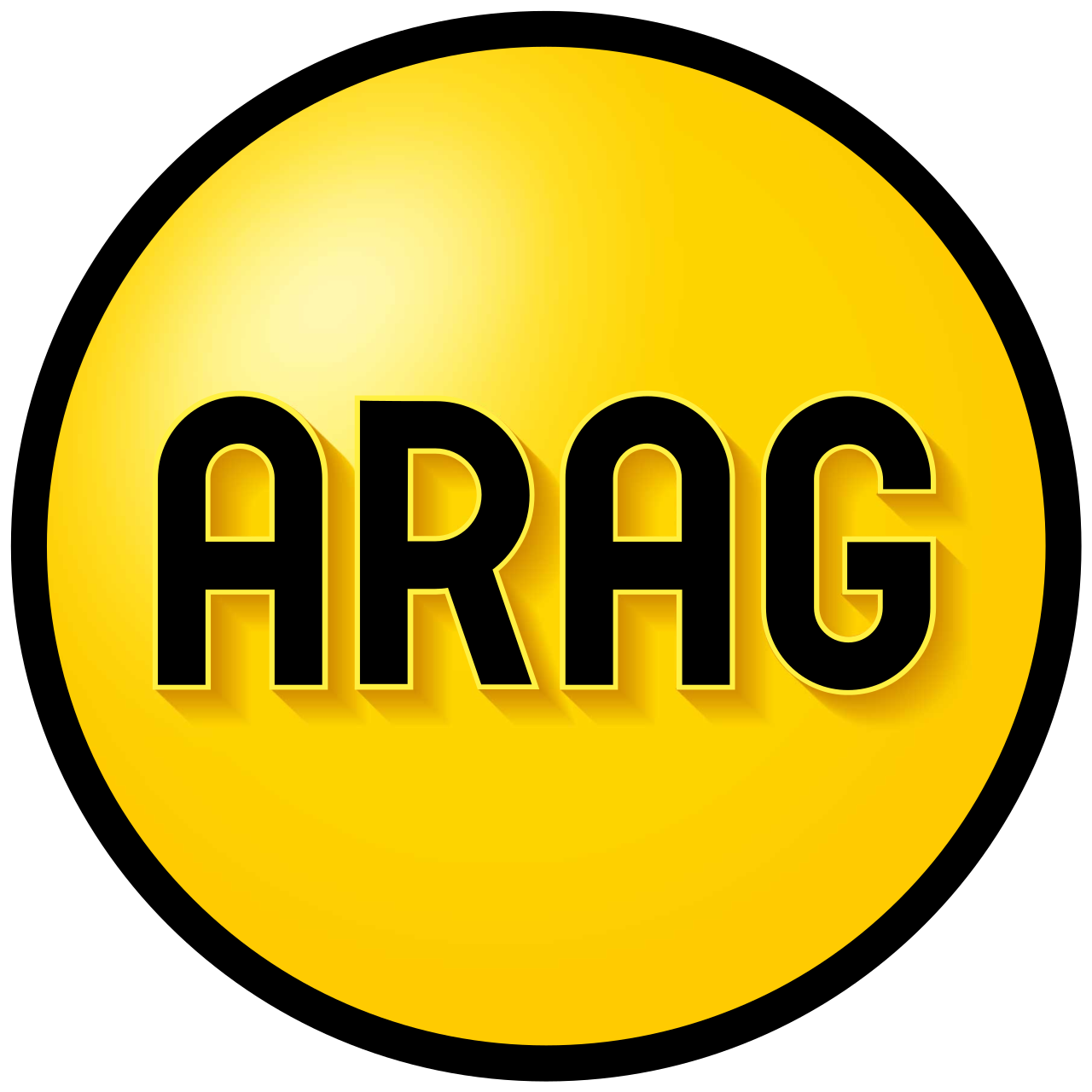 Black ARAG text with shadows centered on a bright yellow circular background.