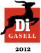 Black silhouette of a gazelle leaping over a red geometric shape, with text 'Di Gasell 2012'.