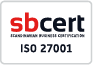 SBCert ISO 27001 certification logo with red and black text.