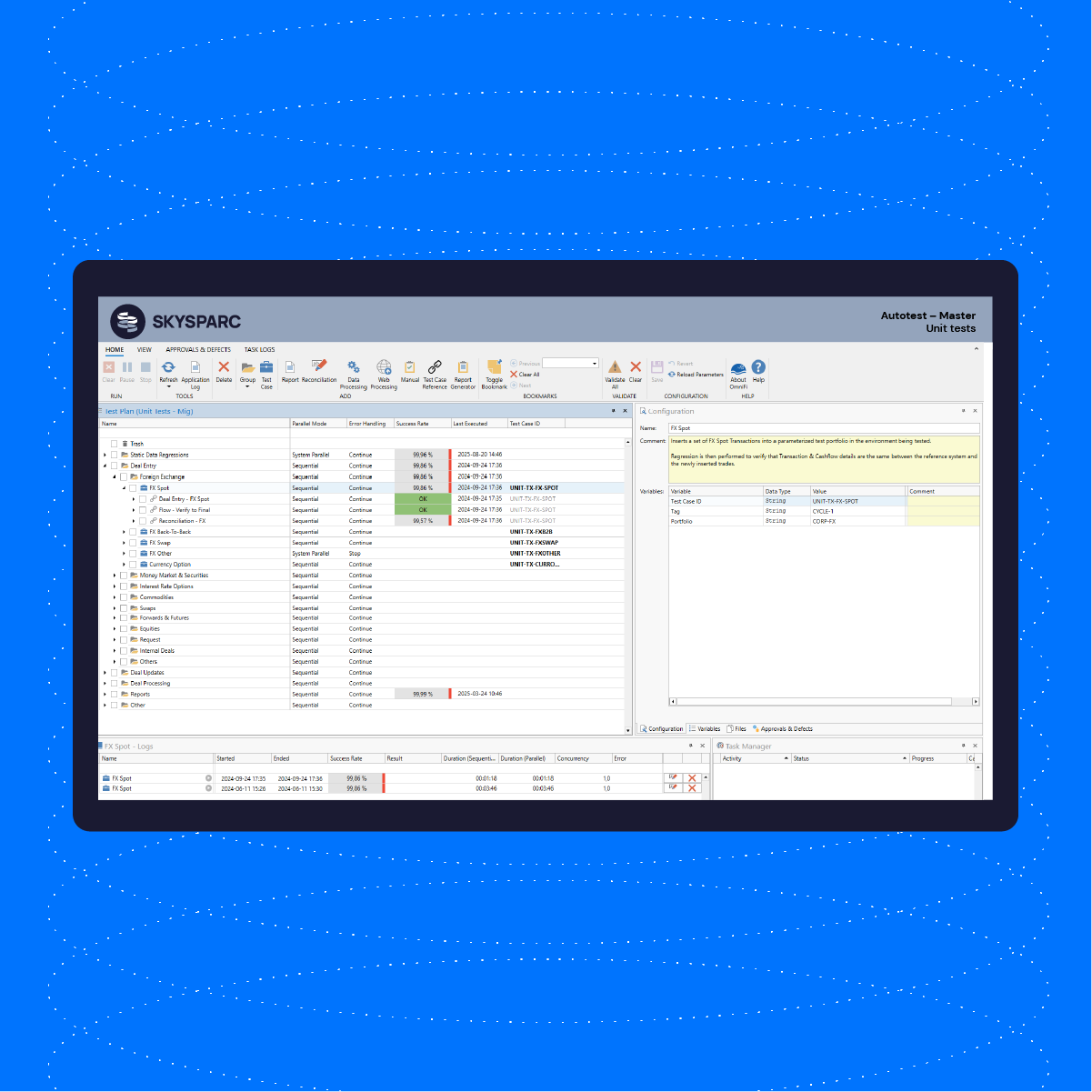 Screenshot of SKySPARC software displaying a test plan and configuration for FX Spot unit tests with success rates and test details.