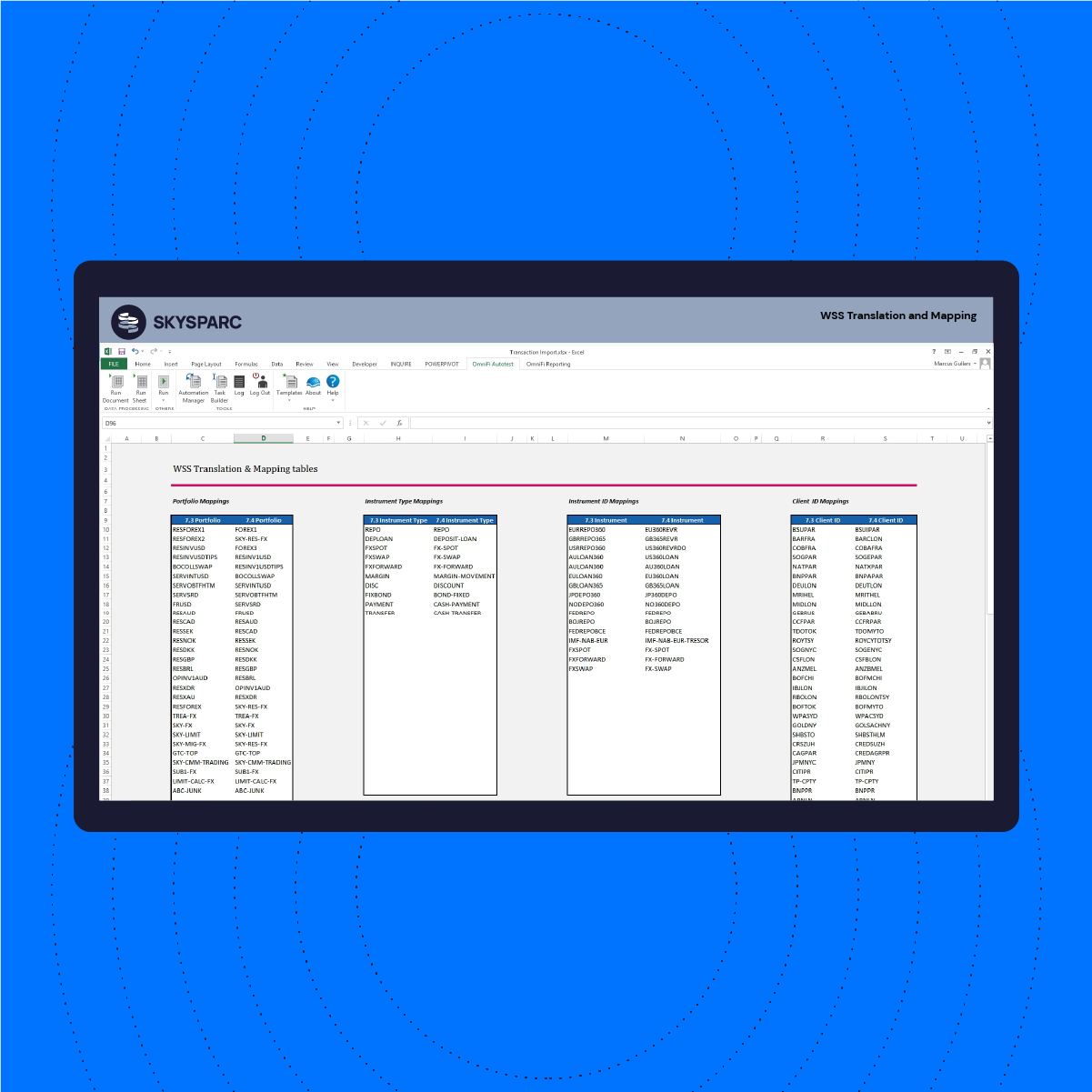 Excel spreadsheet on a laptop screen showing WSS Translation & Mapping tables with columns for Portfolio Mappings, Instrument Type Mappings, Instrument ID Mappings, and Client ID Mappings.