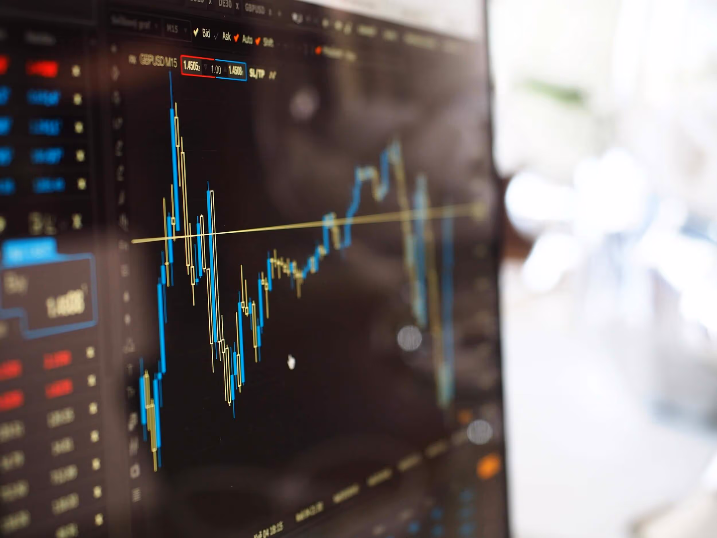 Close-up of a computer screen displaying a financial trading chart with blue and yellow candlestick graphs and price data.