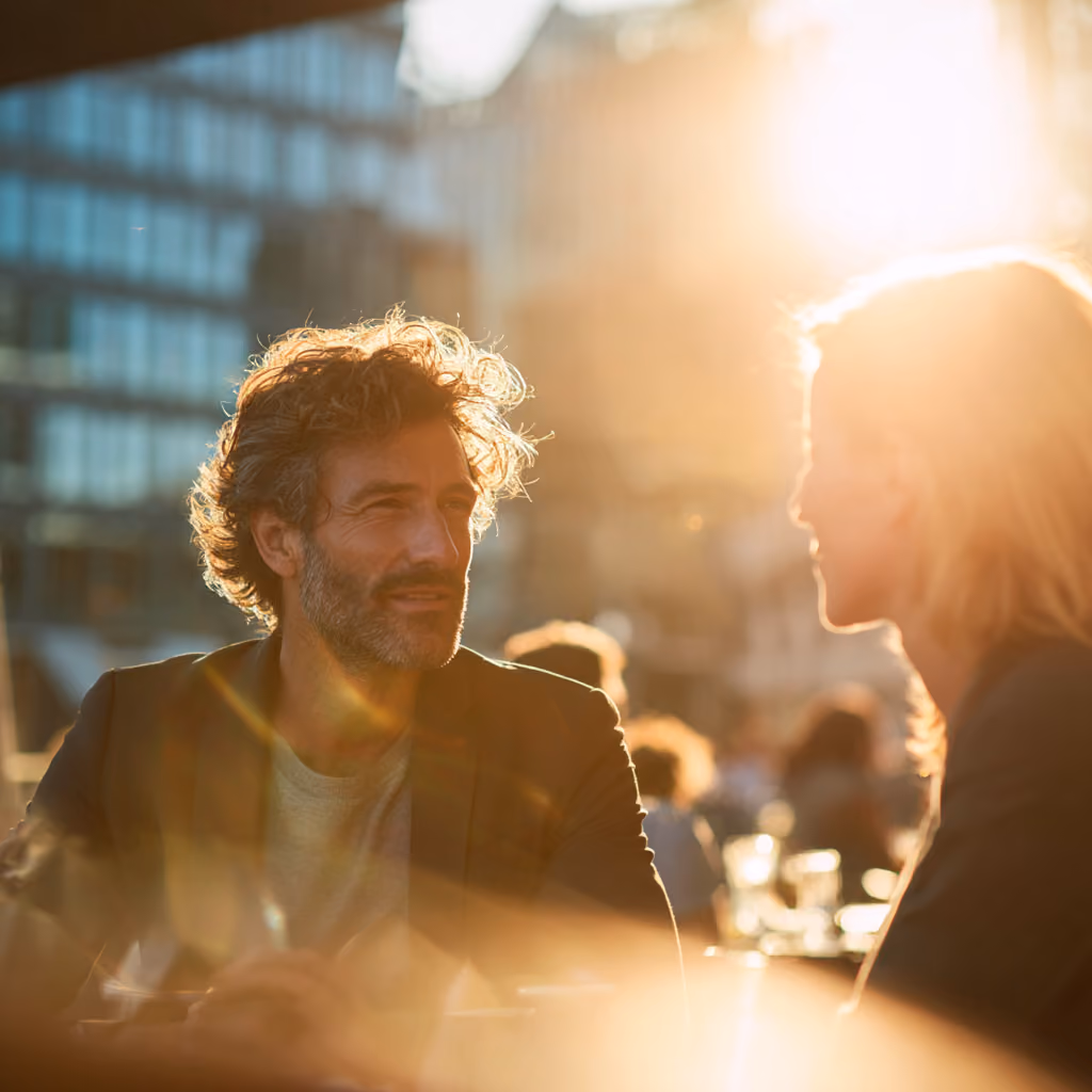 Two people talking at a café table in low sunlight.