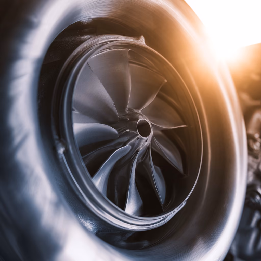 Close-up of a turbocharger in soft light.