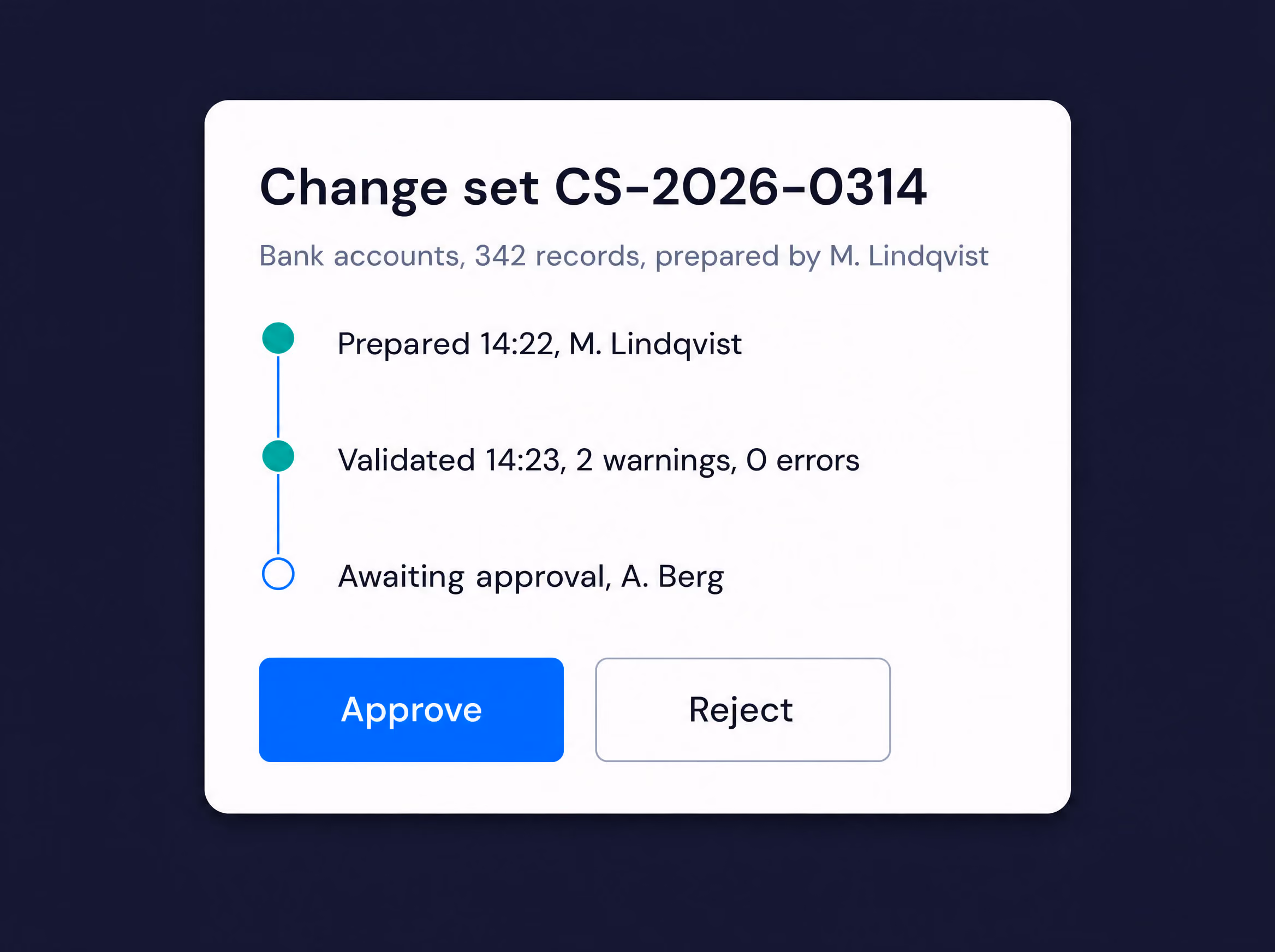 Change set audit trail: prepared by M. Lindqvist, validated, and awaiting approval from A. Berg.
