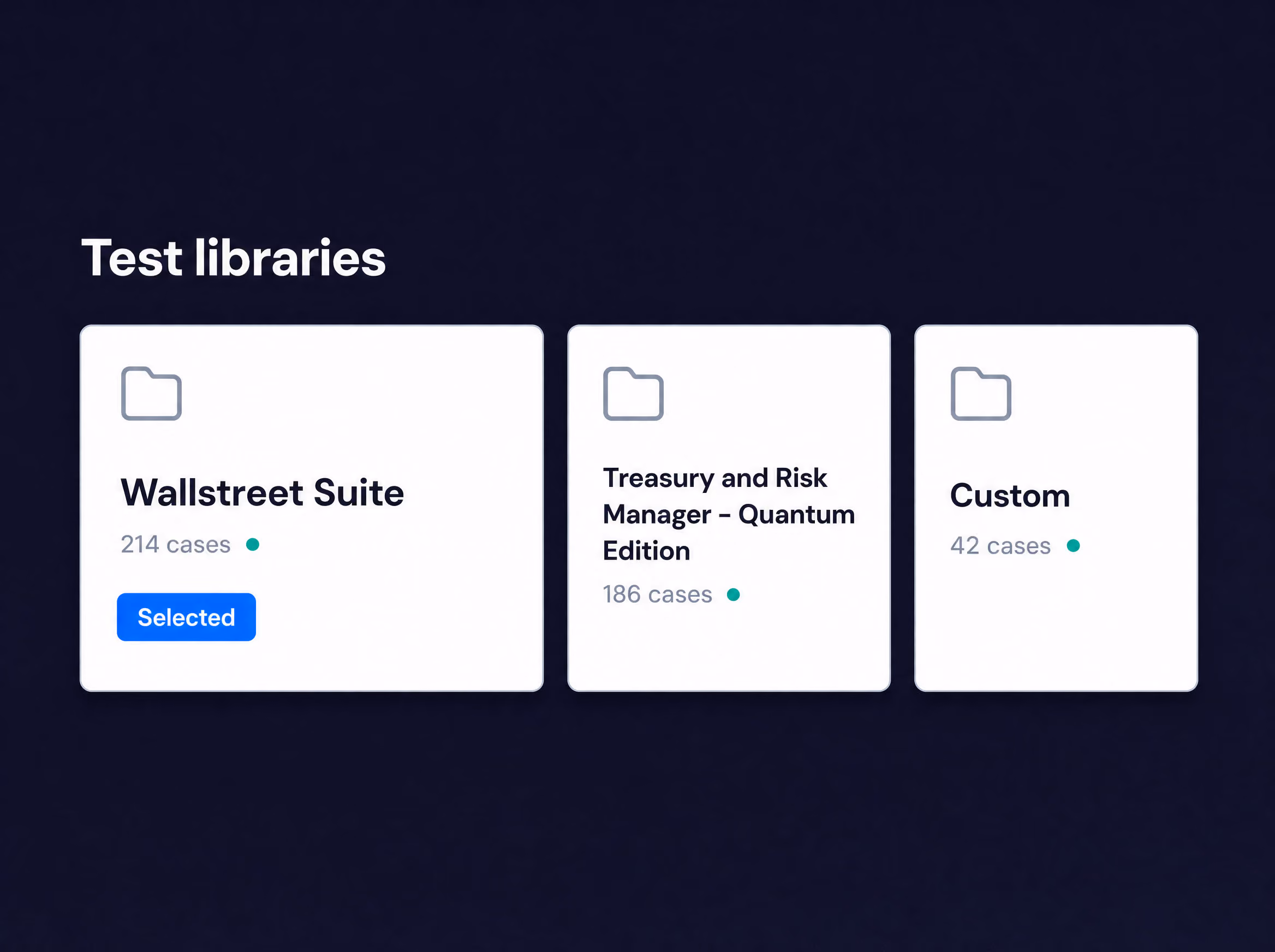 Autotest libraries for Wallstreet Suite (214 cases), Treasury and Risk Manager Quantum Edition (186 cases) and custom tests (42 cases).