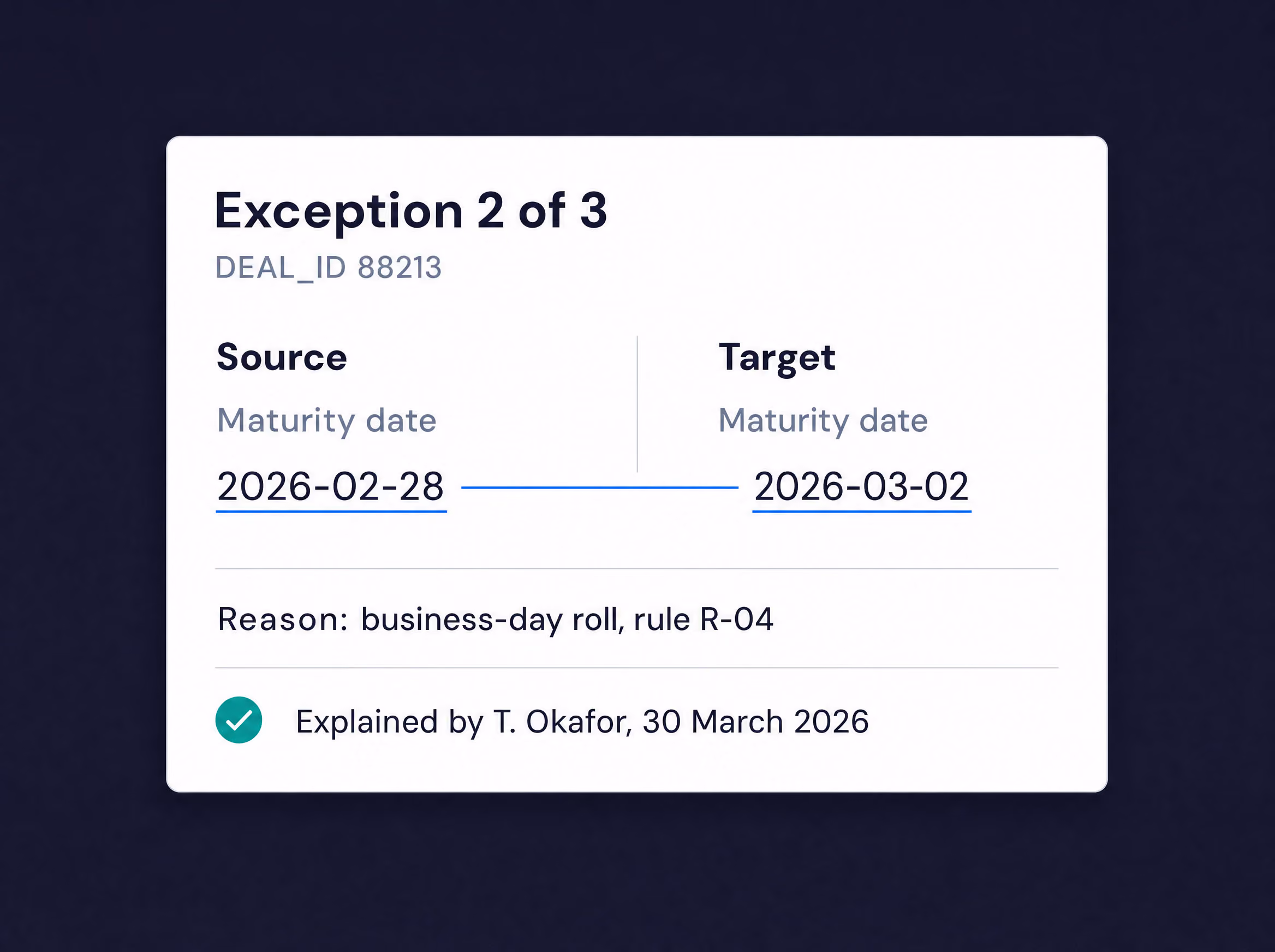 A migration exception explained: a maturity date moved from 28 February to 2 March 2026 under a business day roll rule.