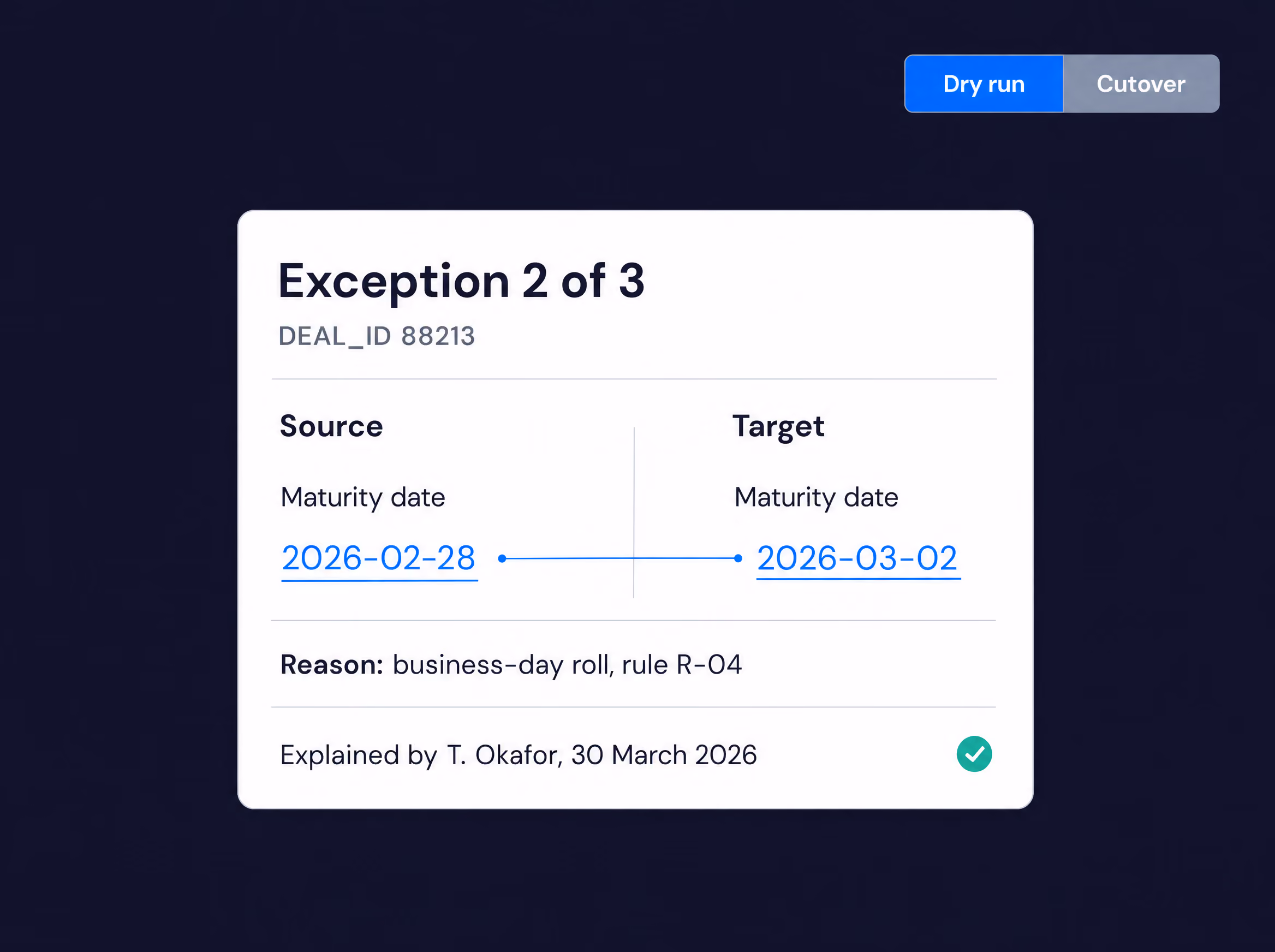 Migration exception explained: a maturity date moved from 28 February to 2 March 2026 under a business day roll rule.