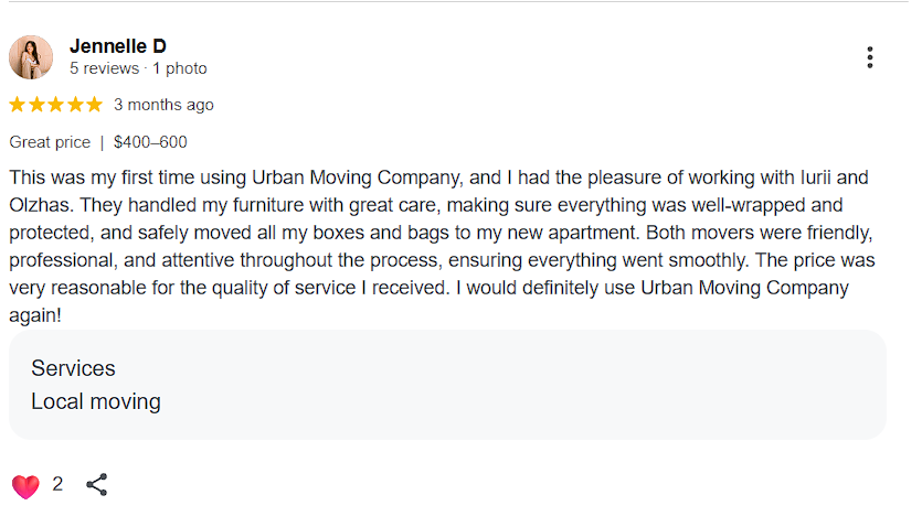 Review by Jennelle D rating 5 stars for Urban Moving Company, praising friendly movers Iurii and Olzhas for careful, professional local moving service, with price range $400-600.