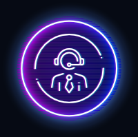 Neon-style icon of a customer support agent wearing a headset inside a circular glowing frame.