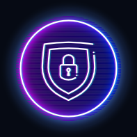 Glowing neon shield with a padlock icon inside, symbolizing security protection.