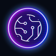 Neon-style glowing icon of a globe with interconnected network nodes inside a circle.