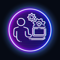 Neon icon of a person working on a laptop with two gears above the screen inside a glowing purple circle.