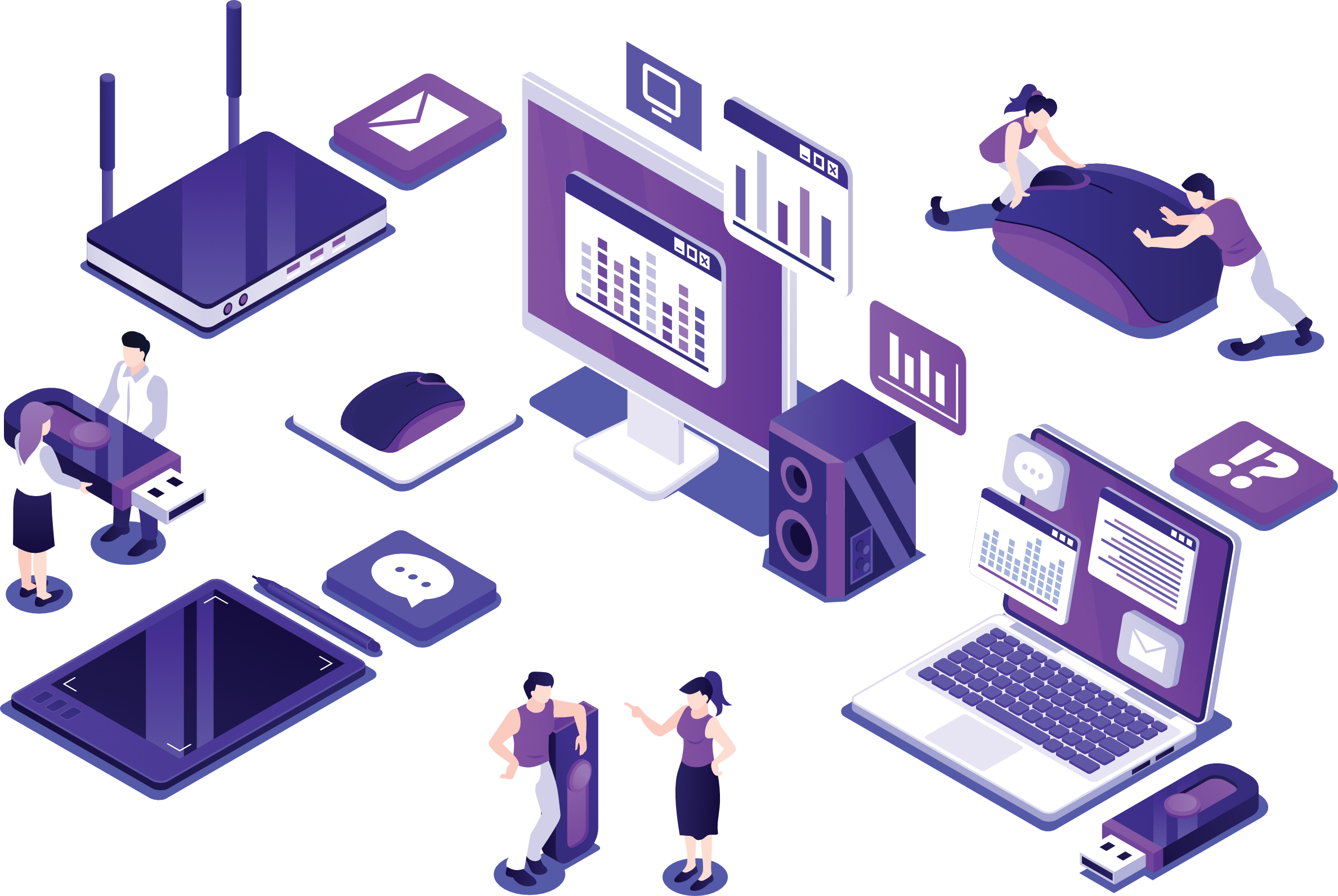 Isometric illustration of people interacting with large digital devices like a monitor, laptop, USB drives, a mouse, speakers, and a graphics tablet showing data charts and communication icons.
